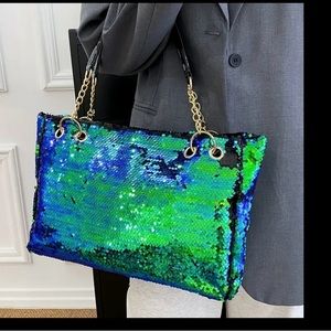 Blue & Green Sequined Tote Bag